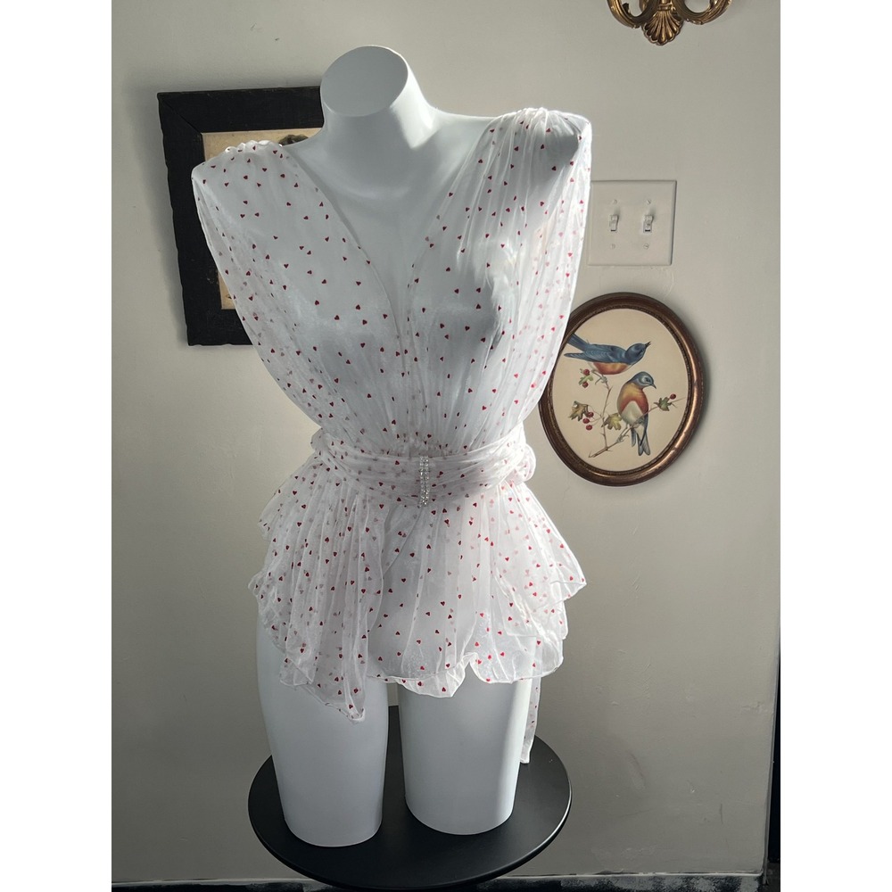 Vintage White Red Heart Mesh Sheer Flutter Sleeve Romper Bodysuit One Size